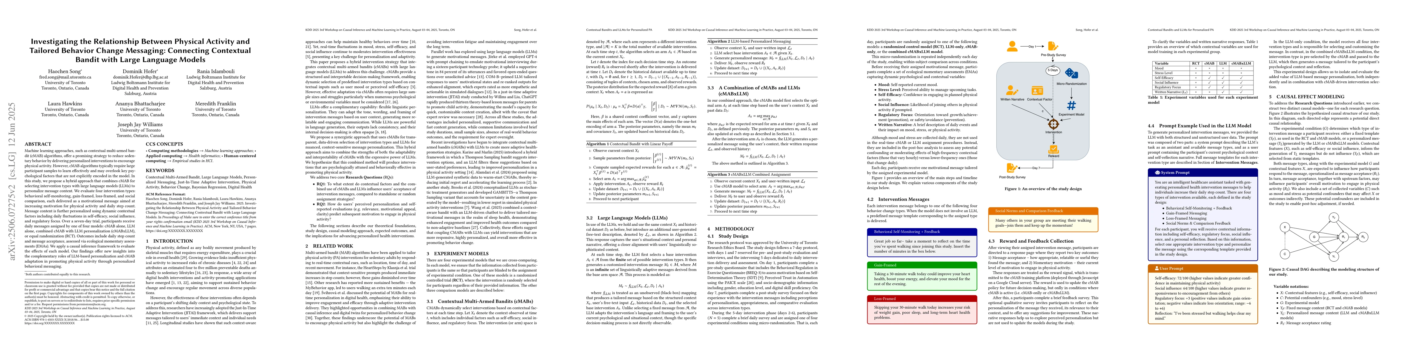 Thumbnail for Investigating the Relationship Between Physical Activity and Tailored
  Behavior Change Messaging: Connecting Contextual Bandit with Large Language
  Models