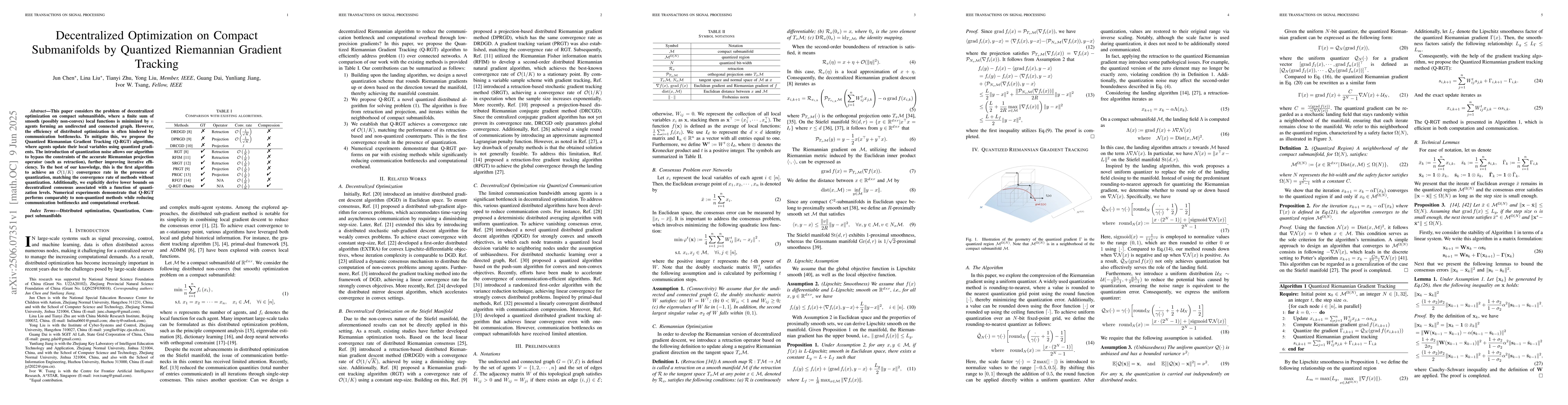 Thumbnail for Decentralized Optimization on Compact Submanifolds by Quantized
  Riemannian Gradient Tracking