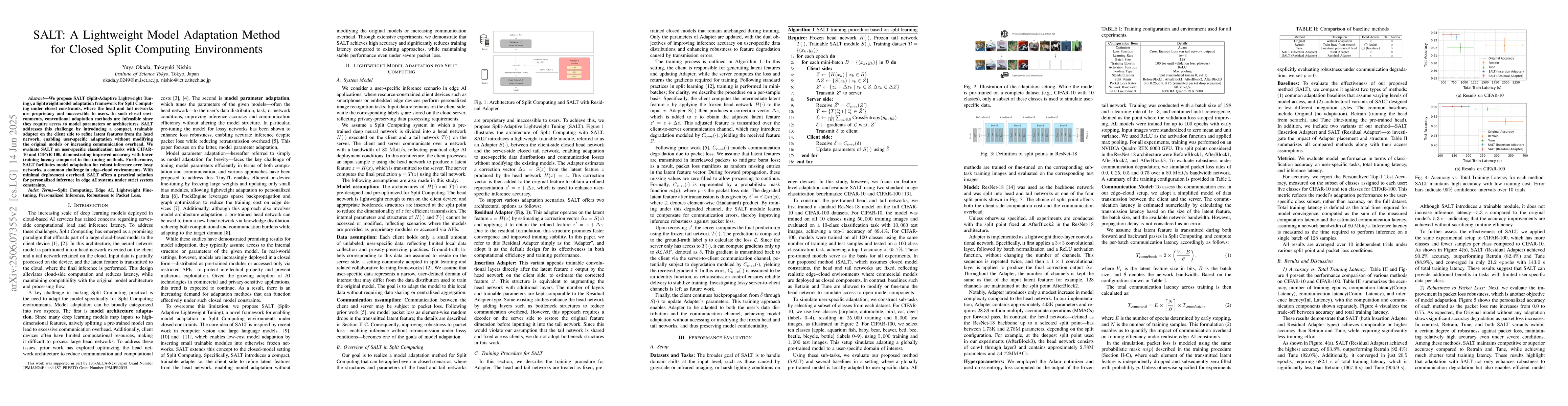 Thumbnail for SALT: A Lightweight Model Adaptation Method for Closed Split Computing
  Environments