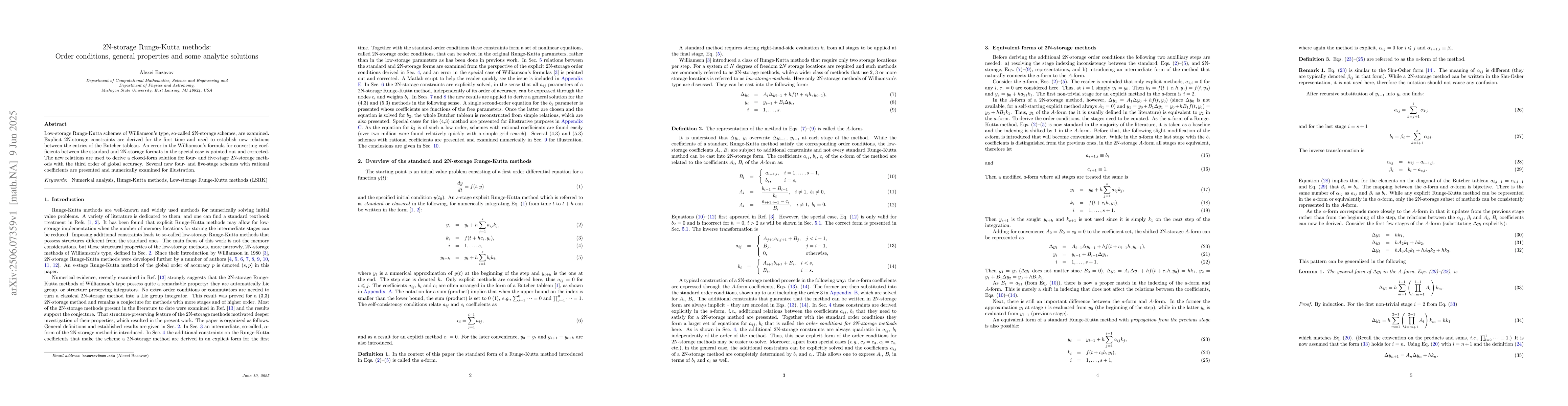Thumbnail for 2N-storage Runge-Kutta methods: Order conditions, general properties and
  some analytic solutions