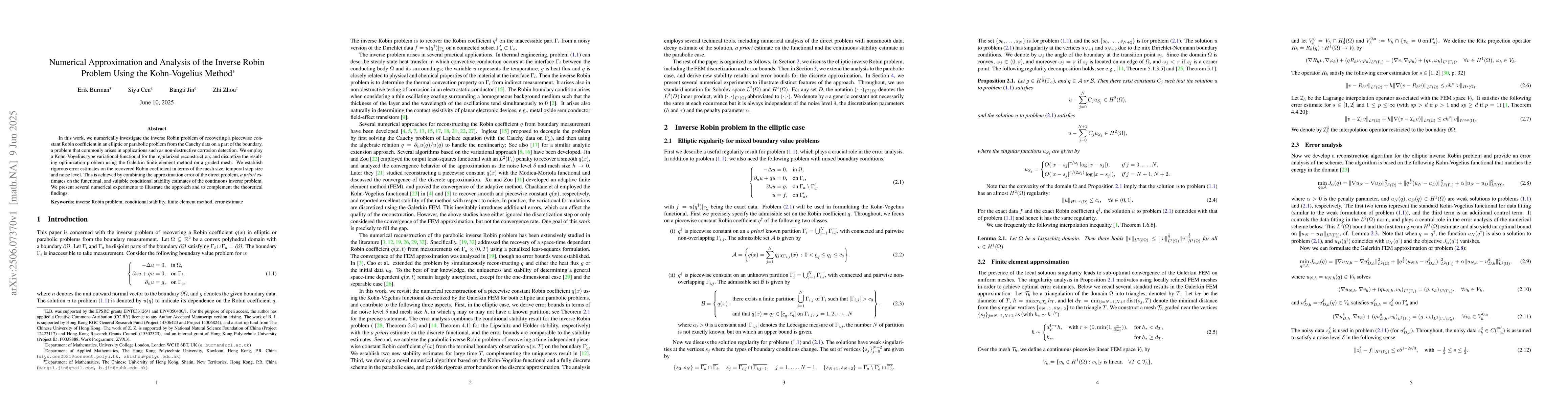 Thumbnail for Numerical Approximation and Analysis of the Inverse Robin Problem Using
  the Kohn-Vogelius Method