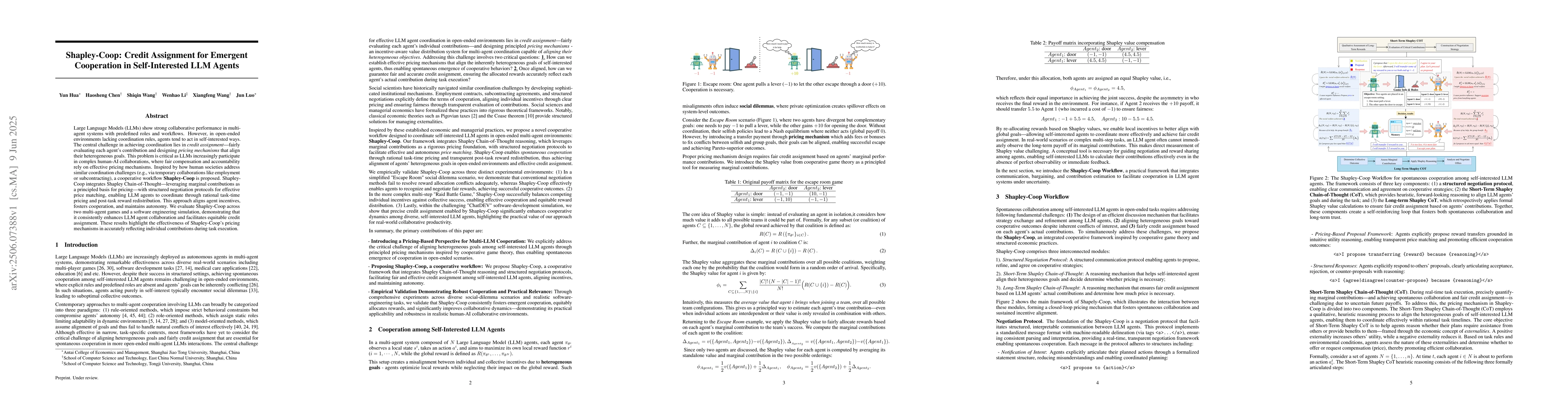 Thumbnail for Shapley-Coop: Credit Assignment for Emergent Cooperation in
  Self-Interested LLM Agents