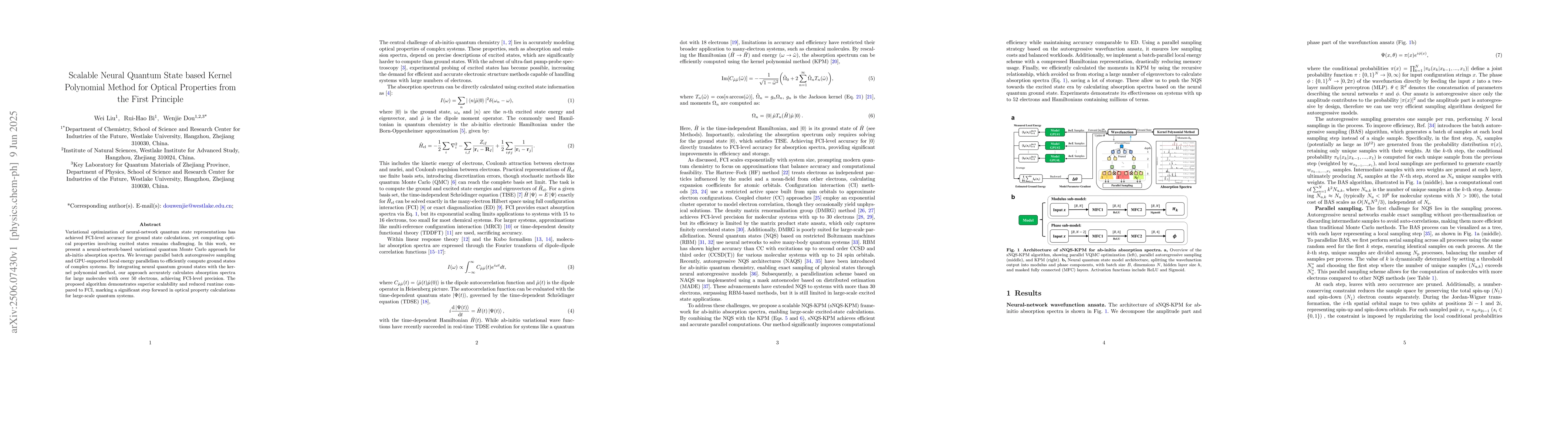 Thumbnail for Scalable Neural Quantum State based Kernel Polynomial Method for Optical
  Properties from the First Principle