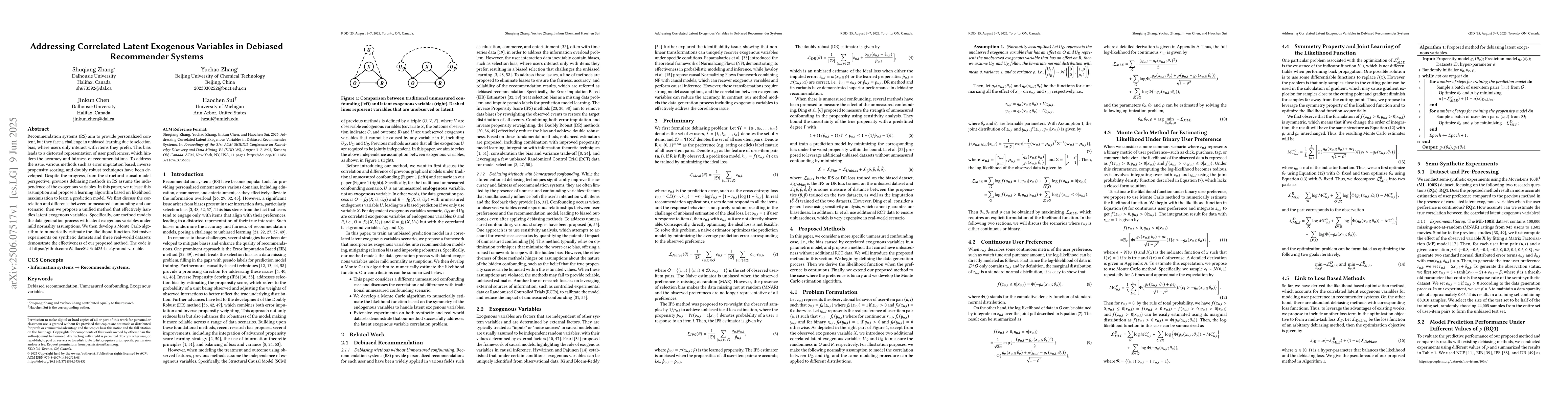 Thumbnail for Addressing Correlated Latent Exogenous Variables in Debiased Recommender
  Systems