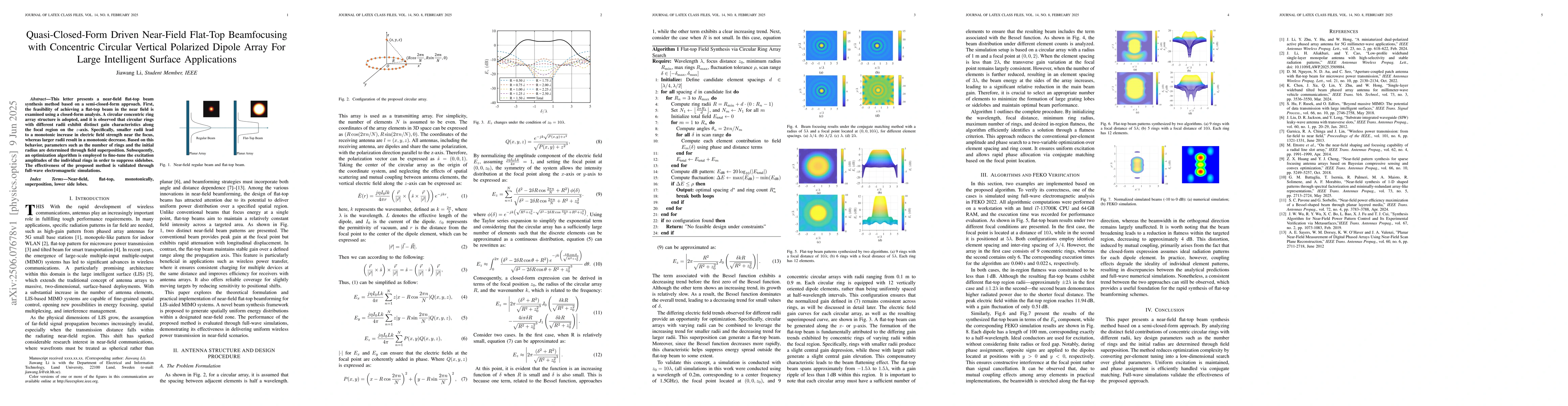 Thumbnail for Quasi-Closed-Form Driven Near-Field Flat-Top Beamfocusing with
  Concentric Circular Vertical Polarized Dipole Array For Large Intelligent
  Surface Applications