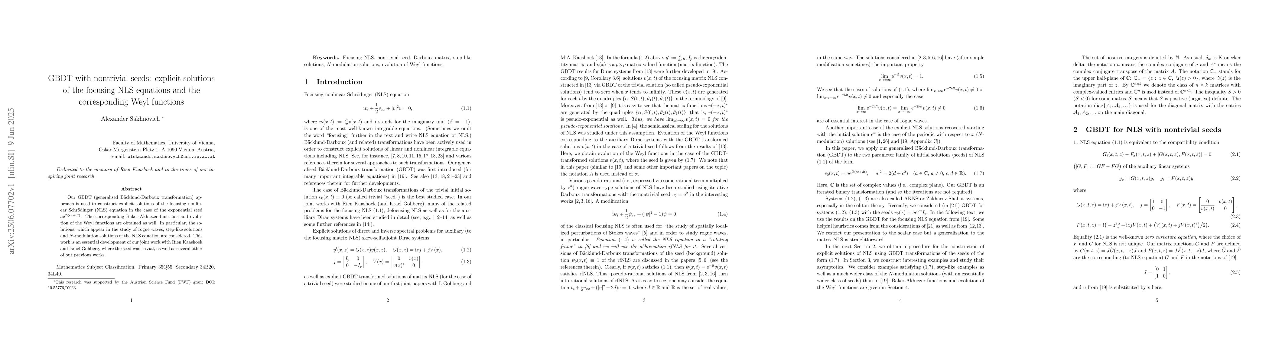 Thumbnail for GBDT with nontrivial seeds: explicit solutions of the focusing NLS
  equations and the corresponding Weyl functions