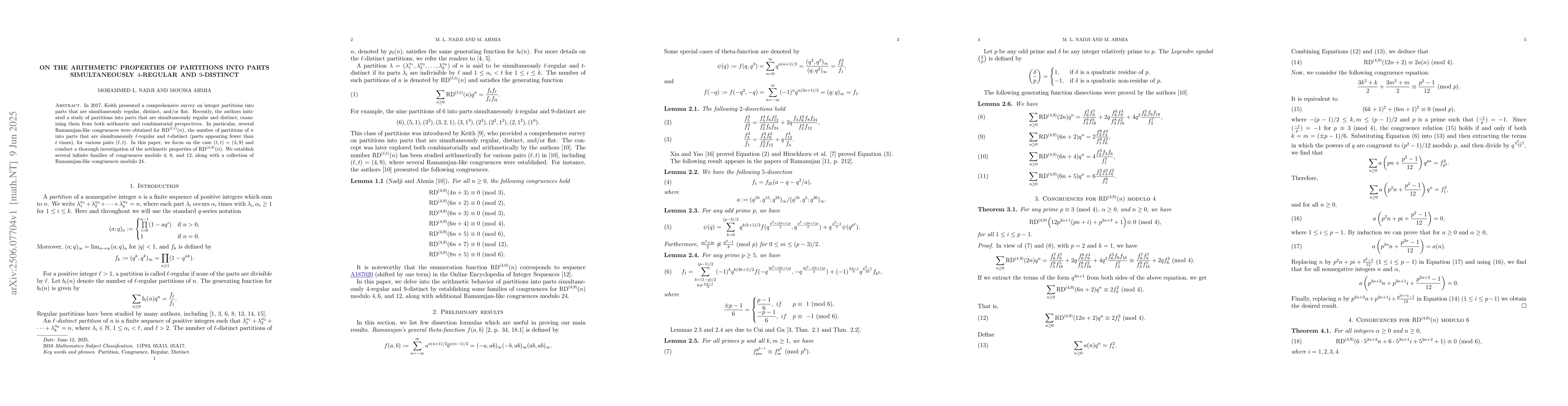 Thumbnail for On the arithmetic properties of partitions into parts simultaneously
  $4$-regular and $9$-distinct