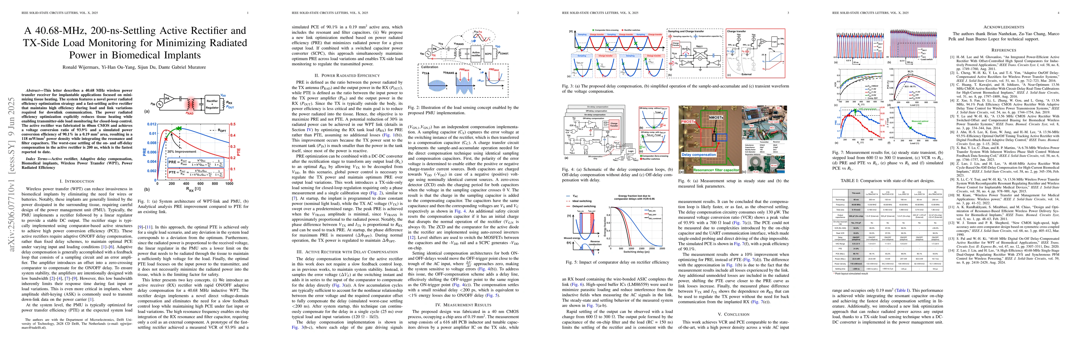 Thumbnail for A 40.68-MHz, 200-ns-Settling Active Rectifier and TX-Side Load
  Monitoring for Minimizing Radiated Power in Biomedical Implants