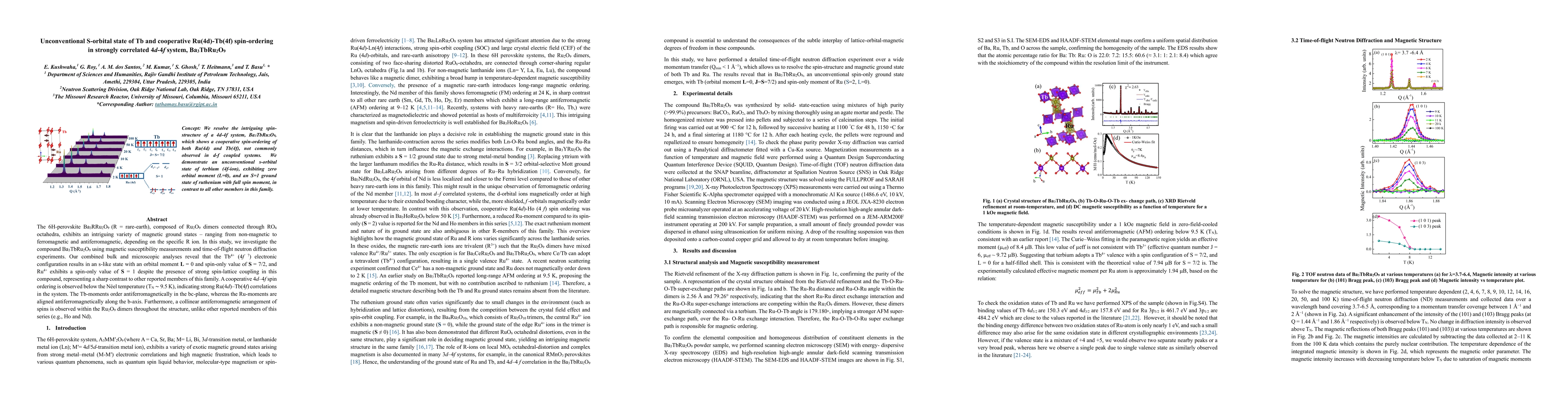 Thumbnail for Unconventional S-orbital state of Tb and cooperative Ru(4d)-Tb(4f)
  spin-ordering in strongly correlated 4d-4f system, Ba3TbRu2O9