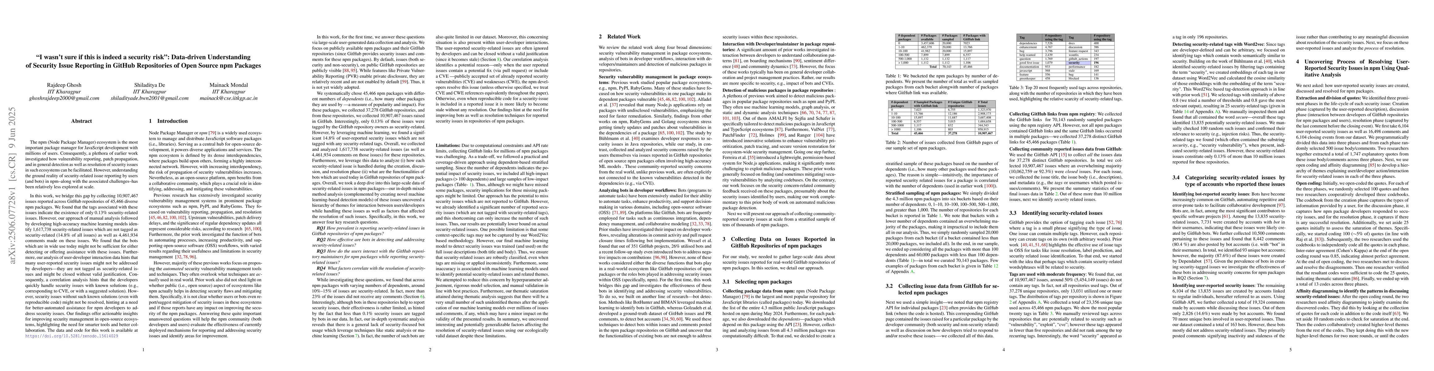 Thumbnail for "I wasn't sure if this is indeed a security risk": Data-driven
  Understanding of Security Issue Reporting in GitHub Repositories of Open
  Source npm Packages