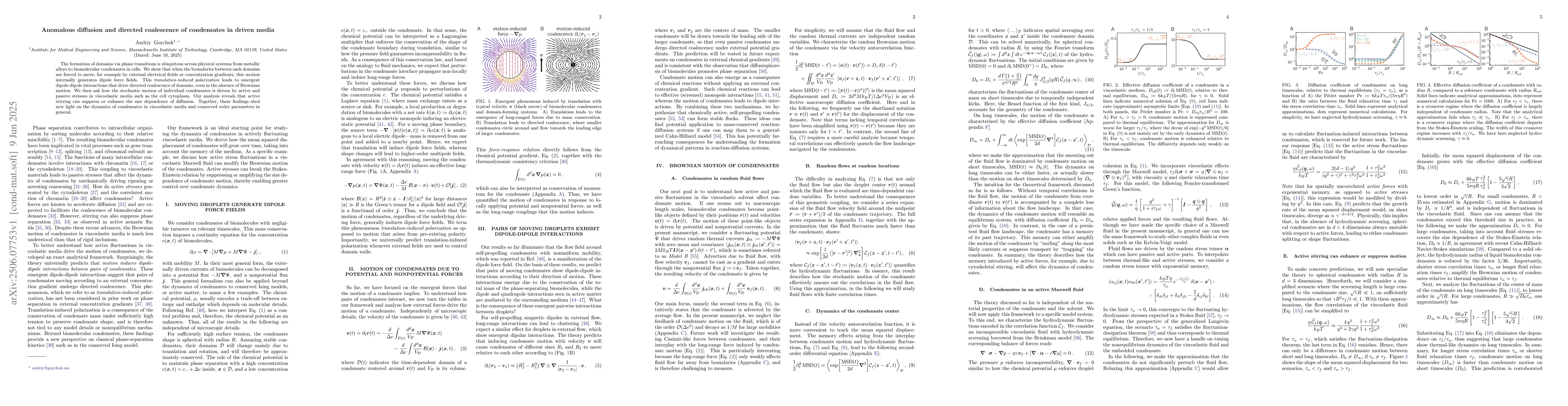 Thumbnail for Anomalous diffusion and directed coalescence of condensates in driven
  media