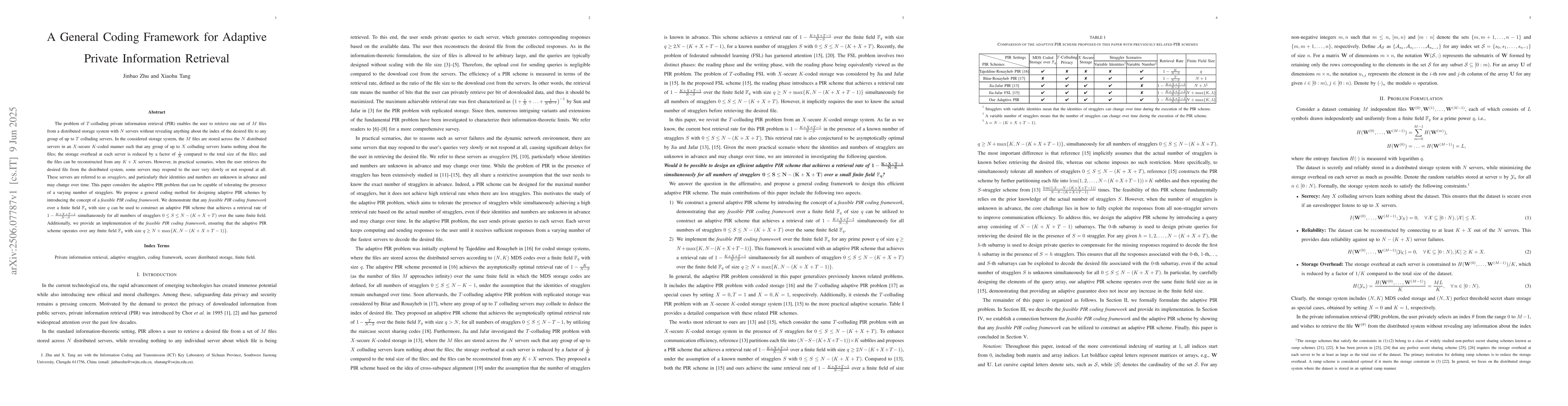 Thumbnail for A General Coding Framework for Adaptive Private Information Retrieval