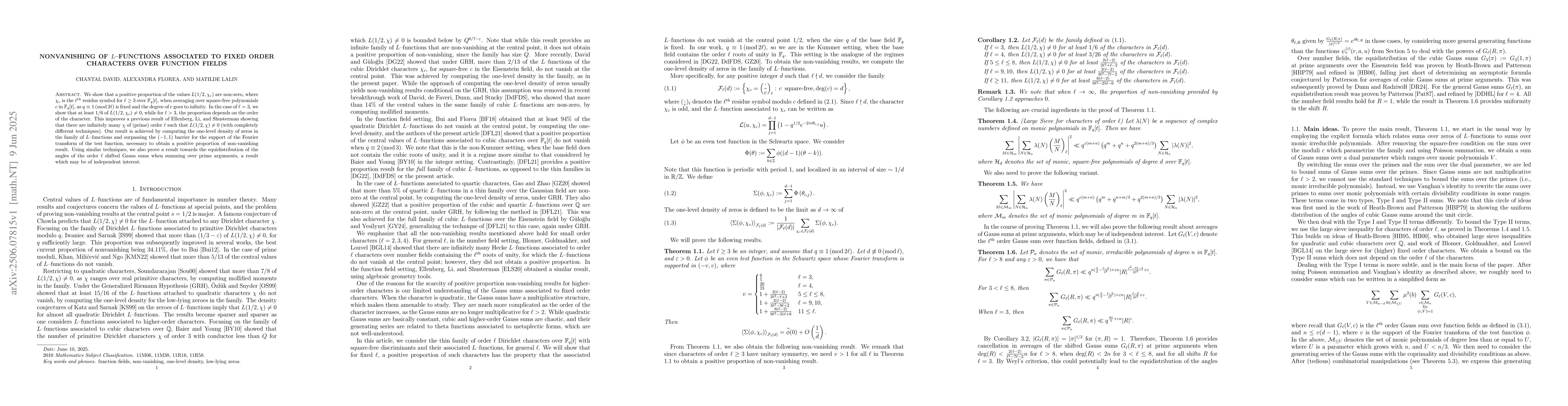 Thumbnail for Nonvanishing of $L$--functions associated to fixed order characters over
  function fields