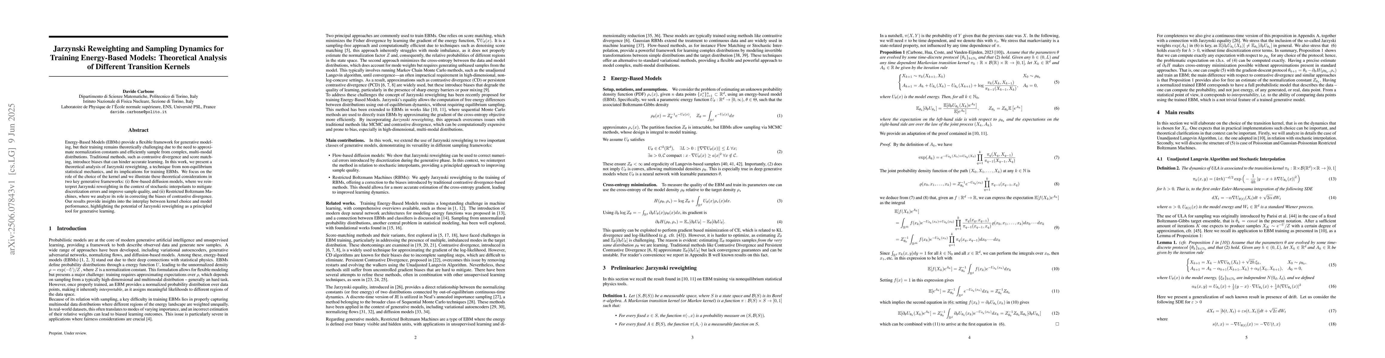Thumbnail for Jarzynski Reweighting and Sampling Dynamics for Training Energy-Based
  Models: Theoretical Analysis of Different Transition Kernels