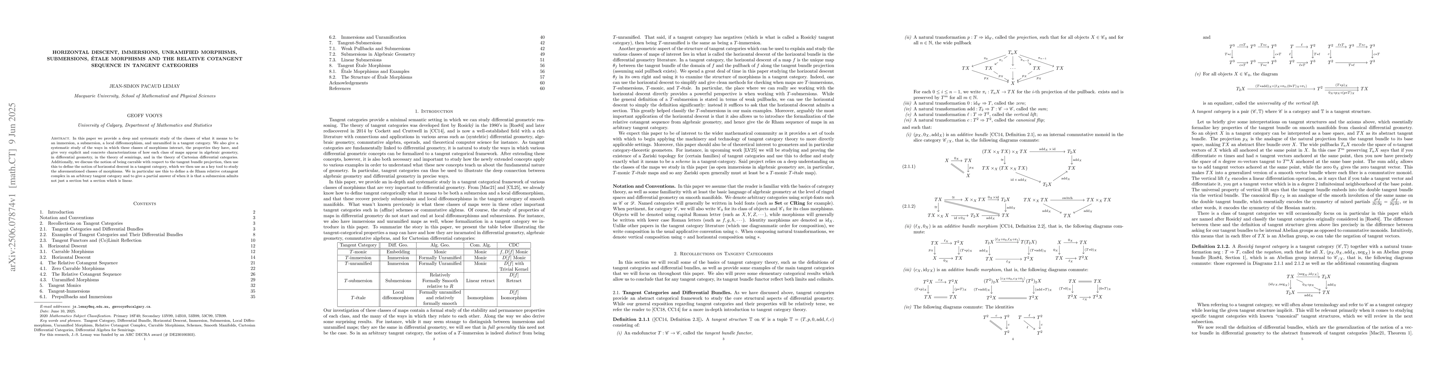 Thumbnail for Horizontal Descent, Immersions, Unramified Morphisms, Submersions,
  Étale Morphisms and the Relative Cotangent Sequence in Tangent Categories