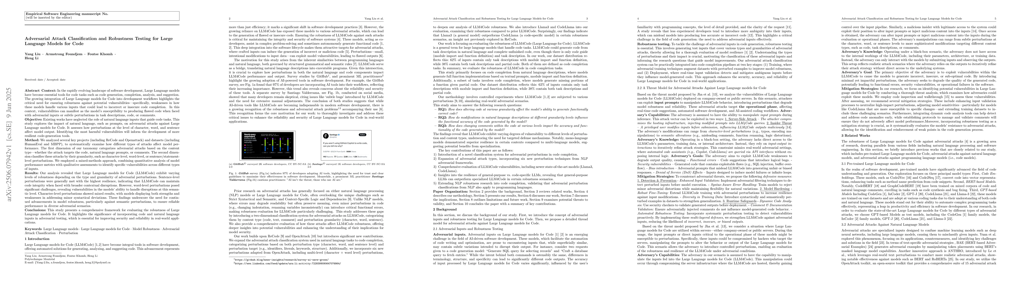 Thumbnail for Adversarial Attack Classification and Robustness Testing for Large
  Language Models for Code