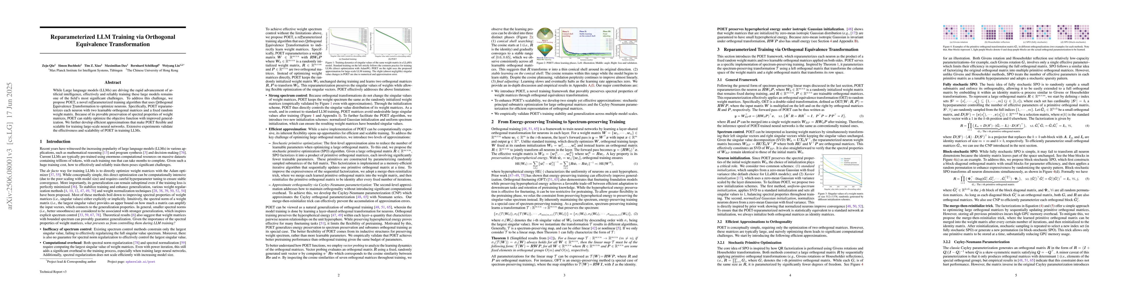 Thumbnail for Reparameterized LLM Training via Orthogonal Equivalence Transformation