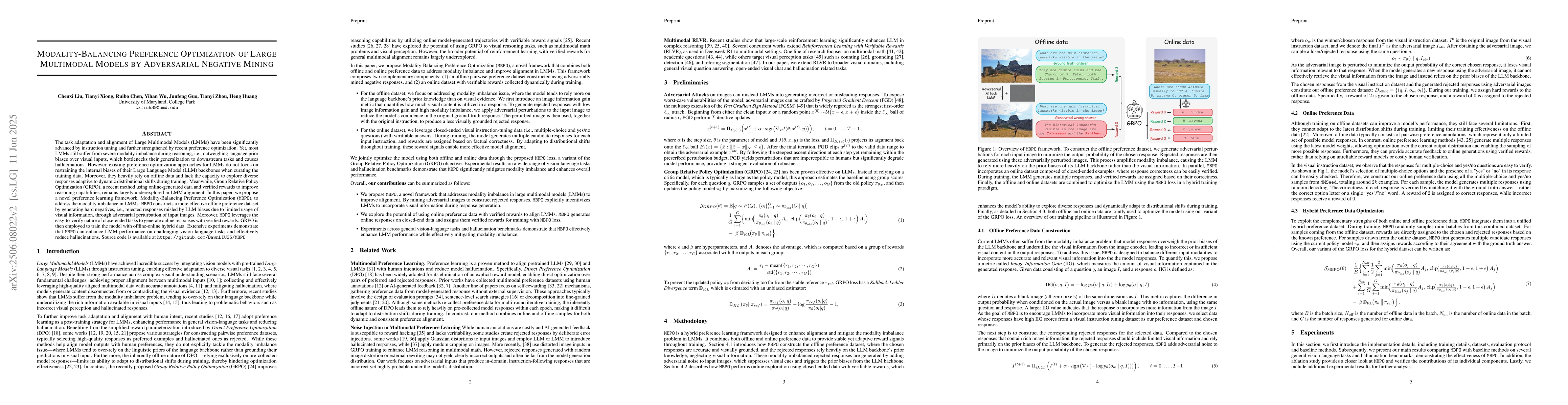 Thumbnail for Modality-Balancing Preference Optimization of Large Multimodal Models by
  Adversarial Negative Mining