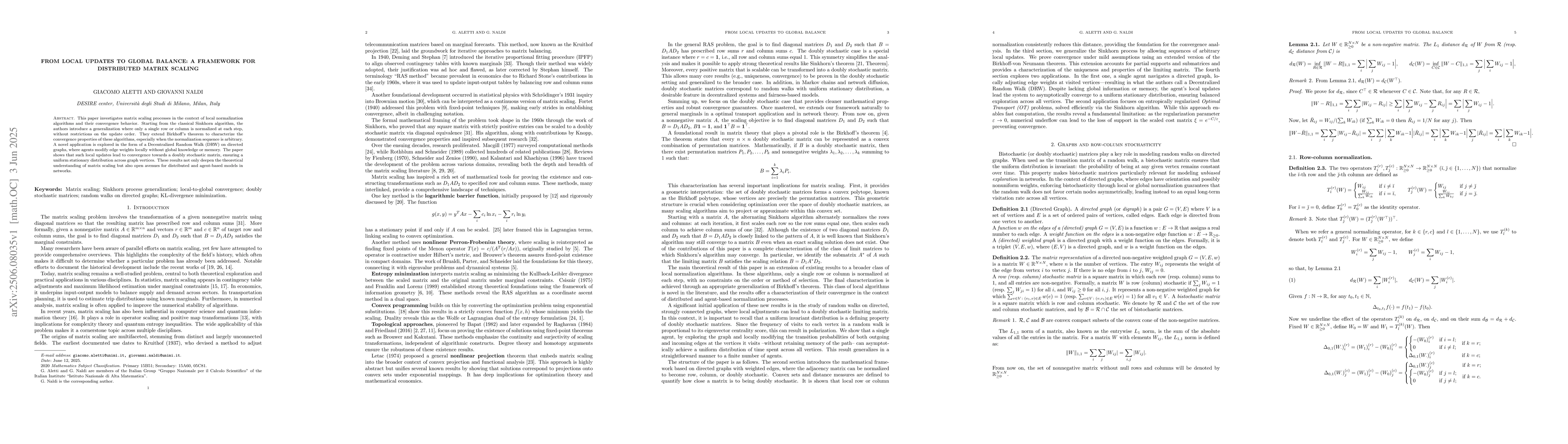 Thumbnail for From Local Updates to Global Balance: A Framework for Distributed Matrix
  Scaling