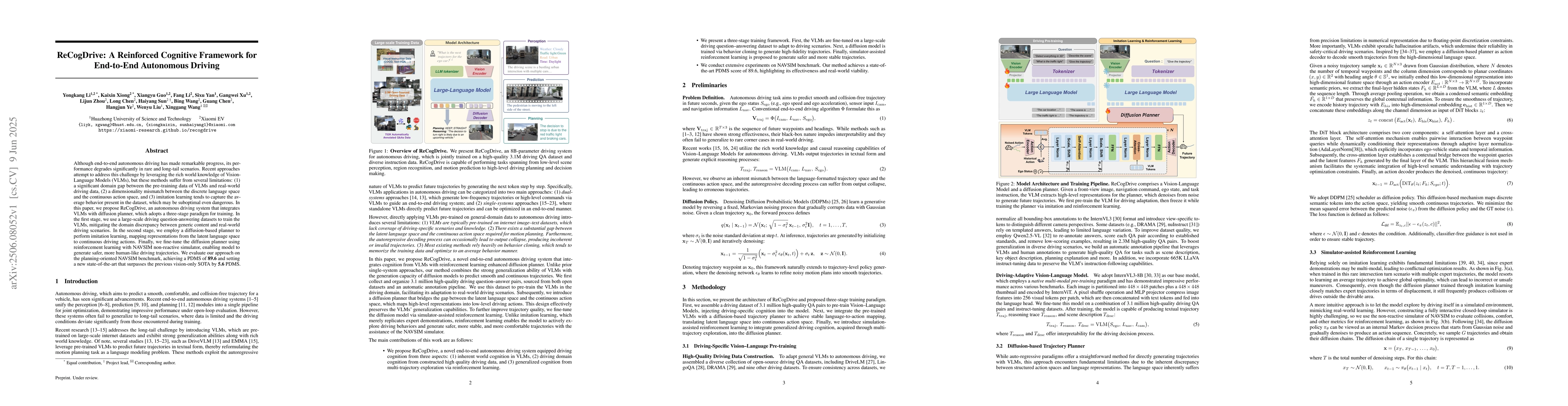 Thumbnail for ReCogDrive: A Reinforced Cognitive Framework for End-to-End Autonomous
  Driving