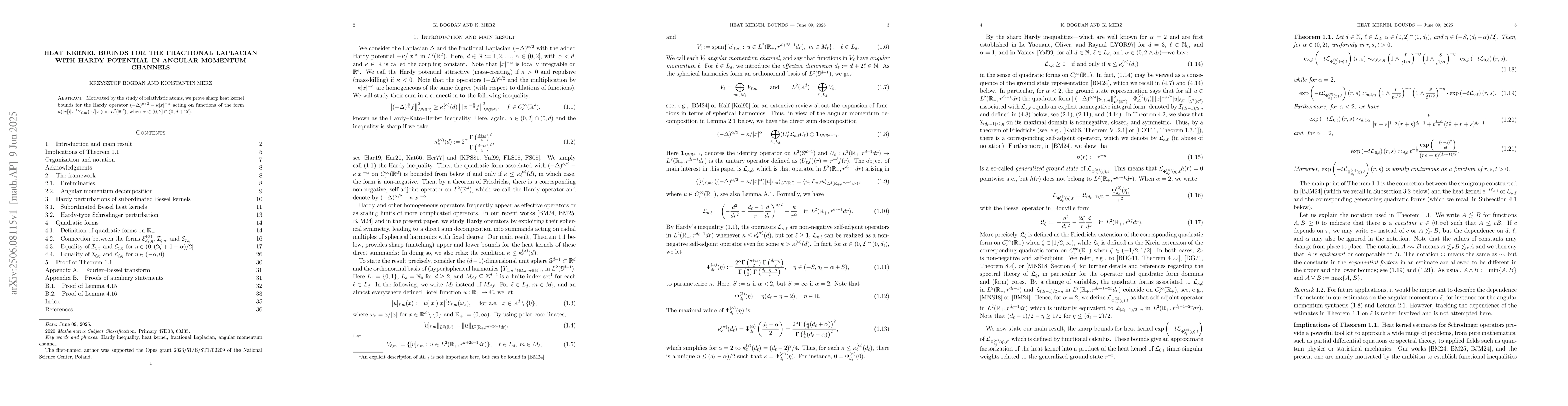 Thumbnail for Heat kernel bounds for the fractional Laplacian with Hardy potential in
  angular momentum channels