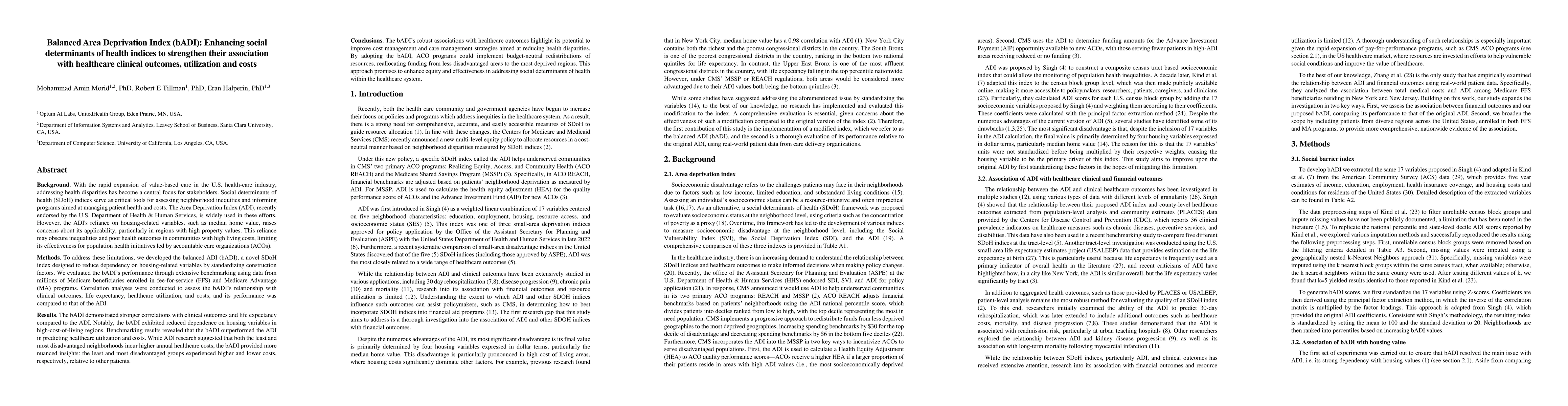 Thumbnail for Balanced Area Deprivation Index (bADI): Enhancing social determinants of
  health indices to strengthen their association with healthcare clinical
  outcomes, utilization and costs