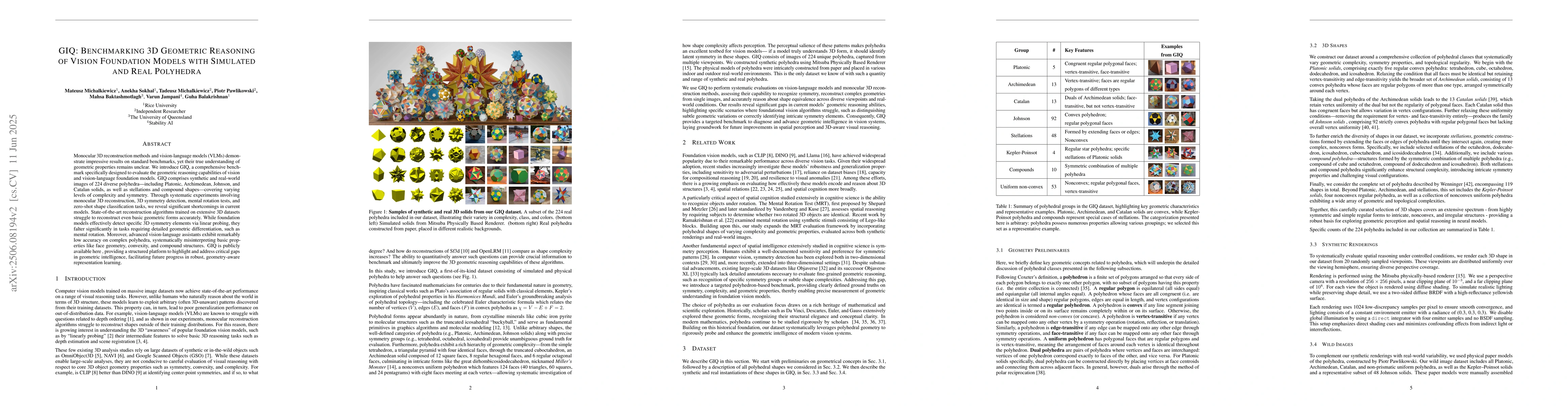 Thumbnail for GIQ: Benchmarking 3D Geometric Reasoning of Vision Foundation Models
  with Simulated and Real Polyhedra