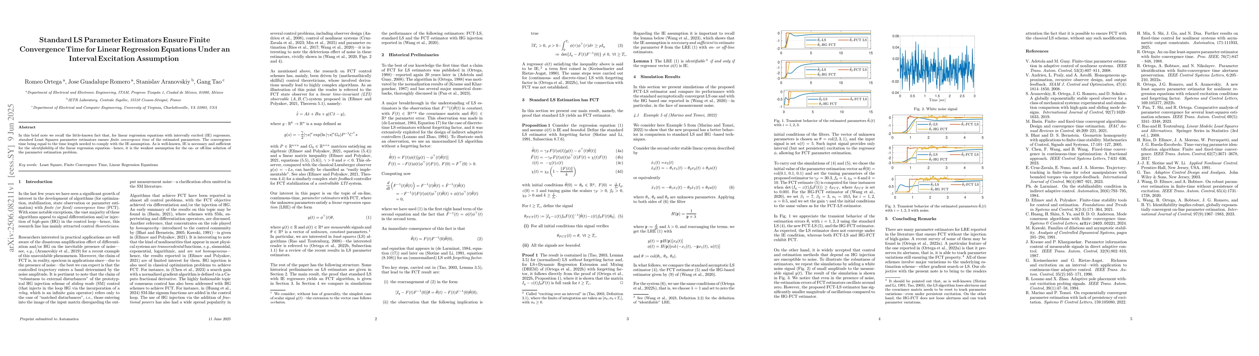 Thumbnail for Standard LSParameter Estimators Ensure Finite Convergence Time for
  Linear Regression Equations Under an Interval Excitation Assumption