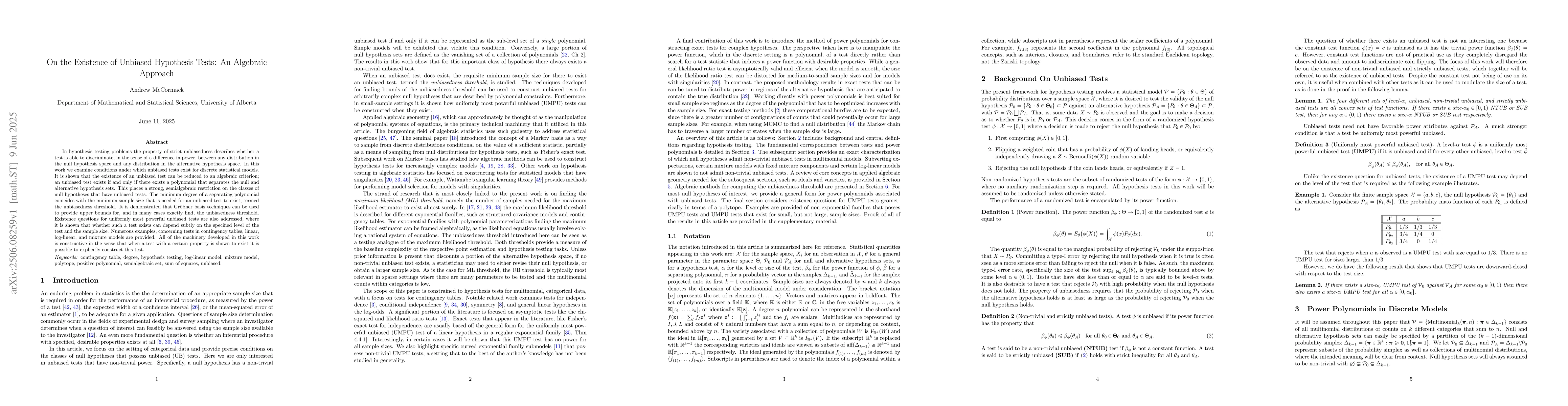 Thumbnail for On the Existence of Unbiased Hypothesis Tests: An Algebraic Approach