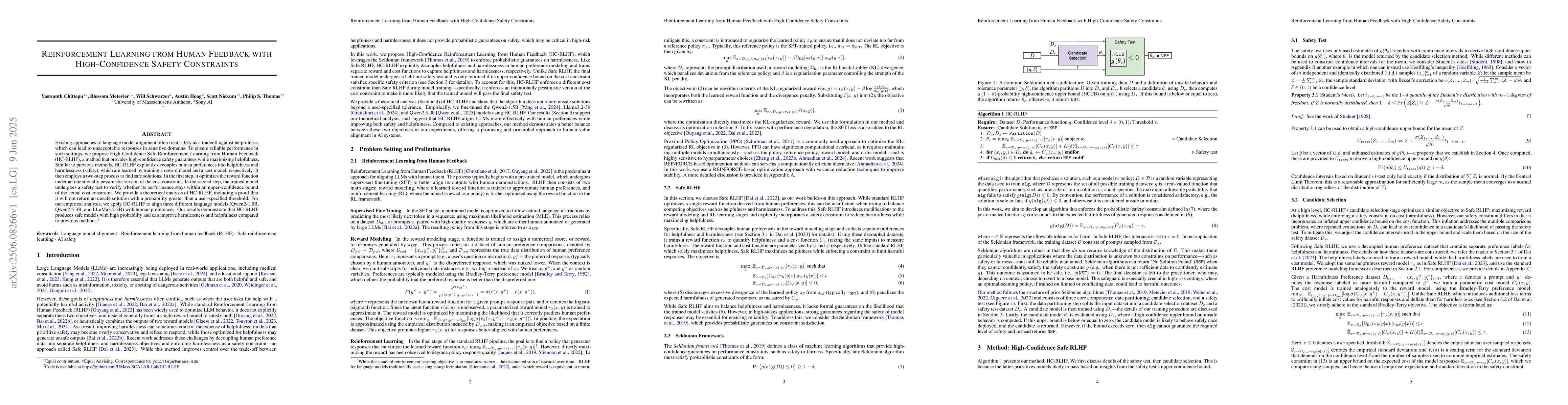Thumbnail for Reinforcement Learning from Human Feedback with High-Confidence Safety
  Constraints