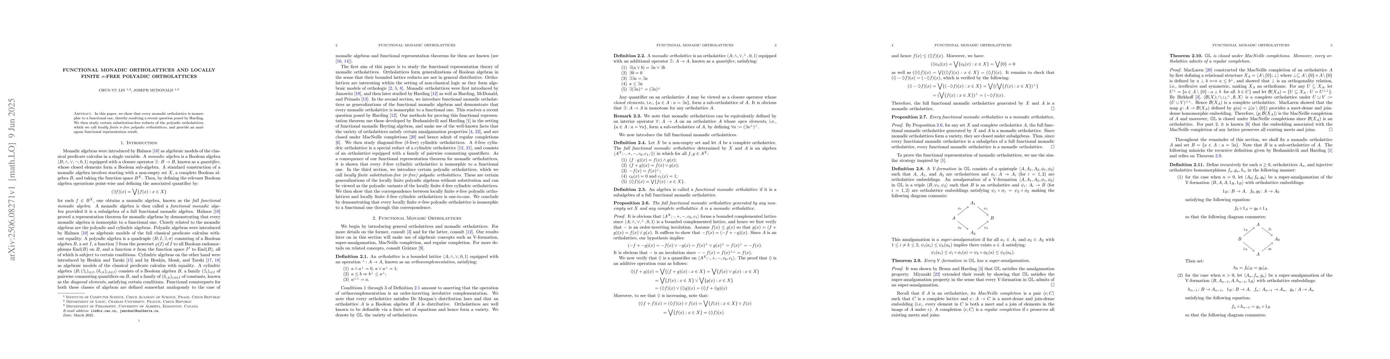 Thumbnail for Functional monadic ortholattices and locally finite $σ$-free
  polyadic ortholattices