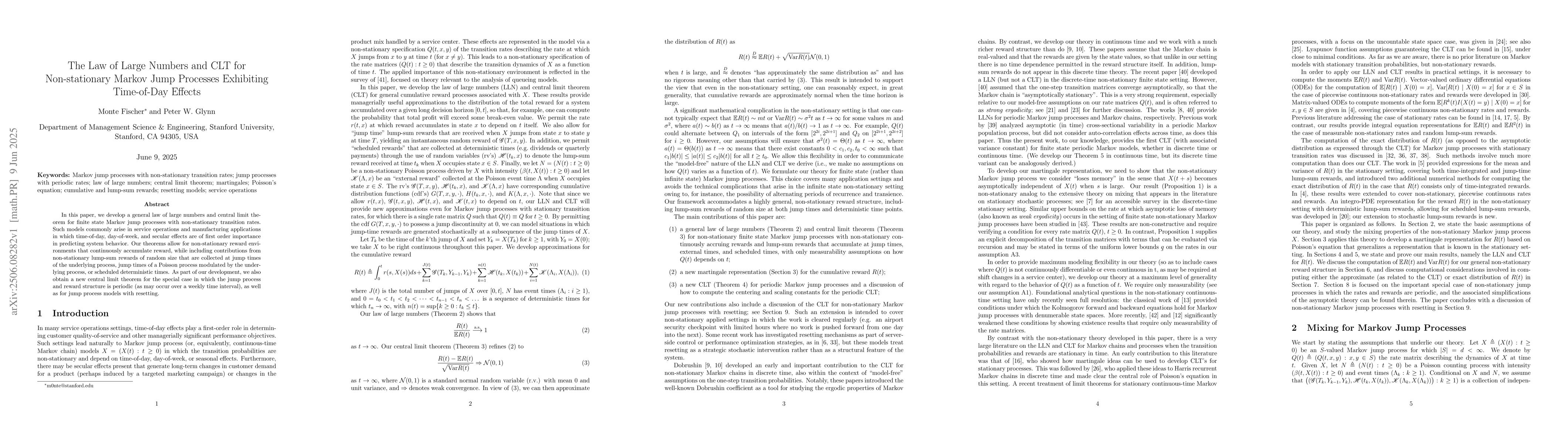 Thumbnail for The Law of Large Numbers and CLT for Non-stationary Markov Jump
  Processes Exhibiting Time-of-Day Effects