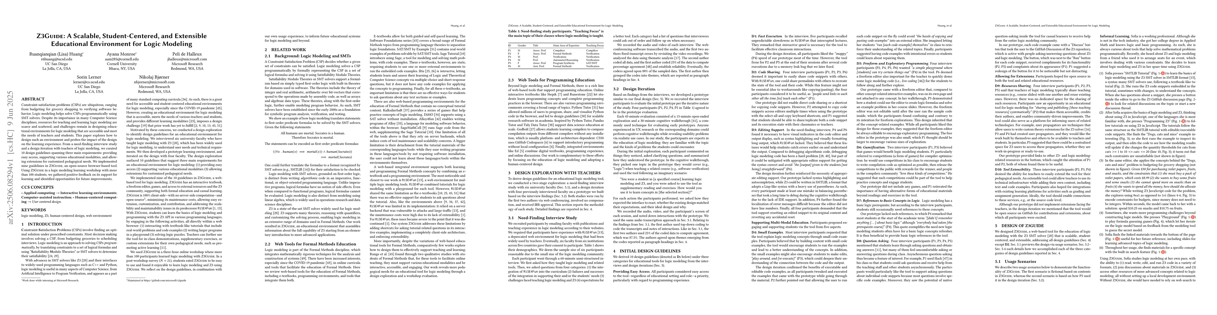 Thumbnail for Z3Guide: A Scalable, Student-Centered, and Extensible Educational
  Environment for Logic Modeling