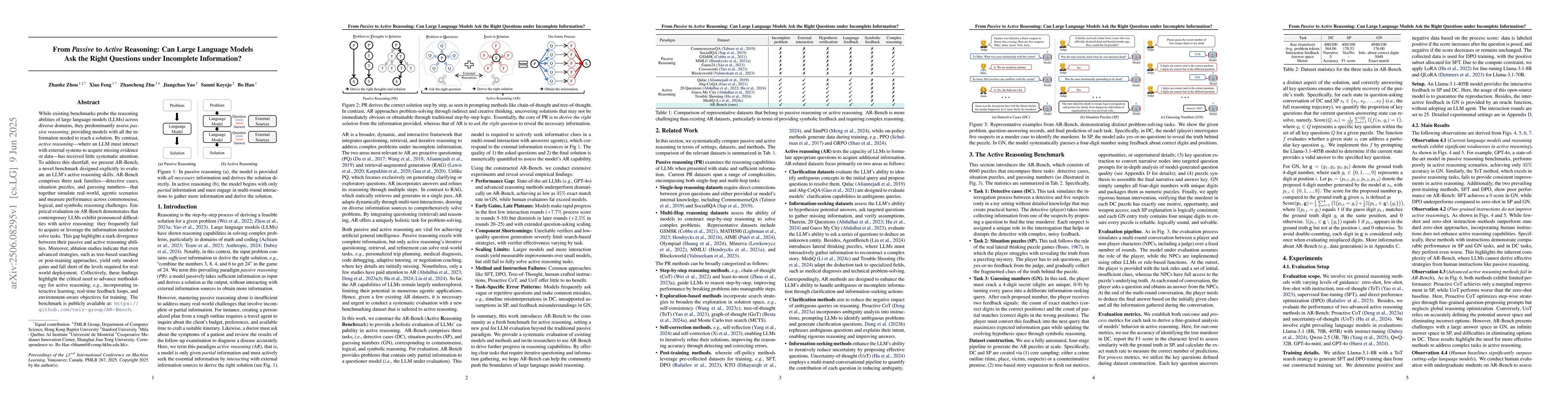 Thumbnail for From Passive to Active Reasoning: Can Large Language Models Ask the
  Right Questions under Incomplete Information?