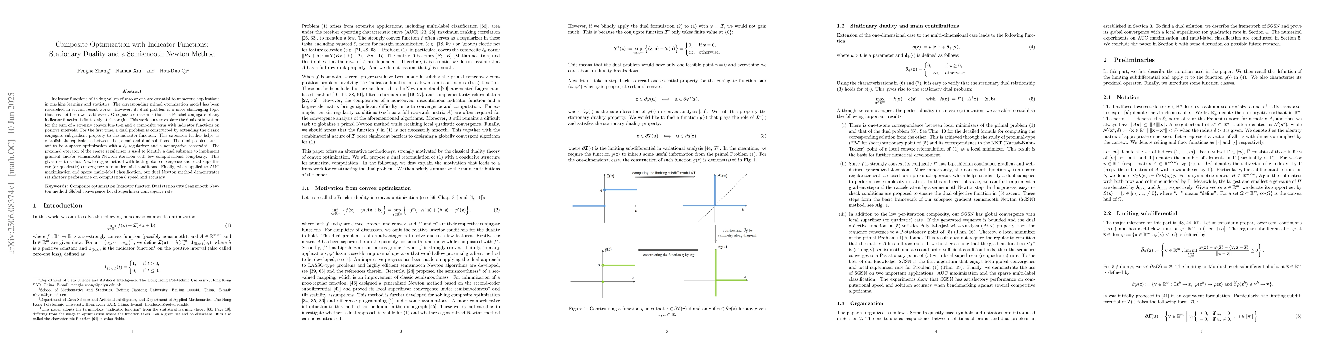 Thumbnail for Composite Optimization with Indicator Functions: Stationary Duality and
  a Semismooth Newton Method