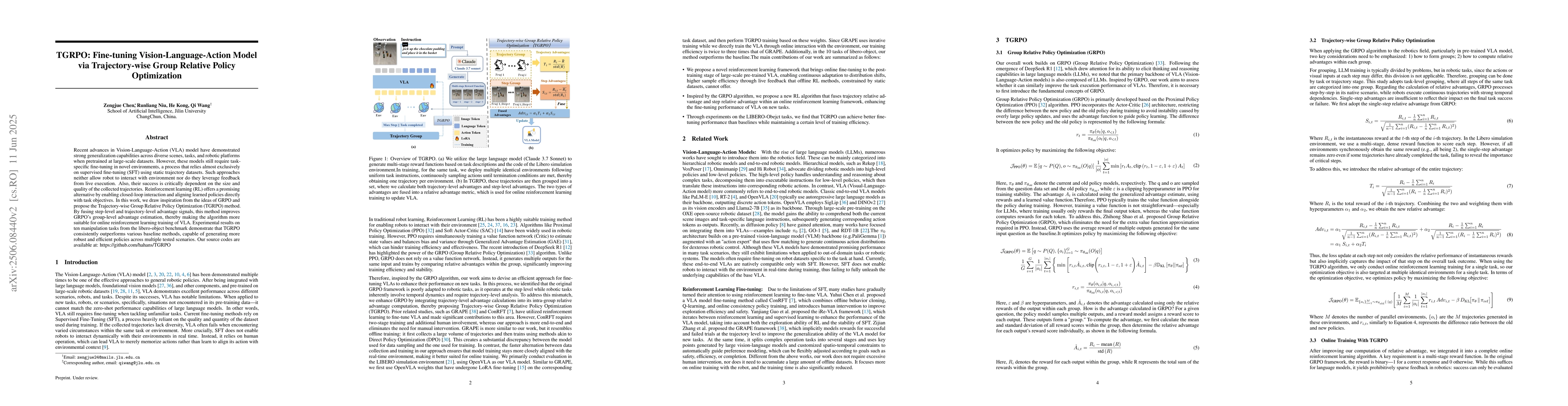 Thumbnail for TGRPO :Fine-tuning Vision-Language-Action Model via Trajectory-wise
  Group Relative Policy Optimization