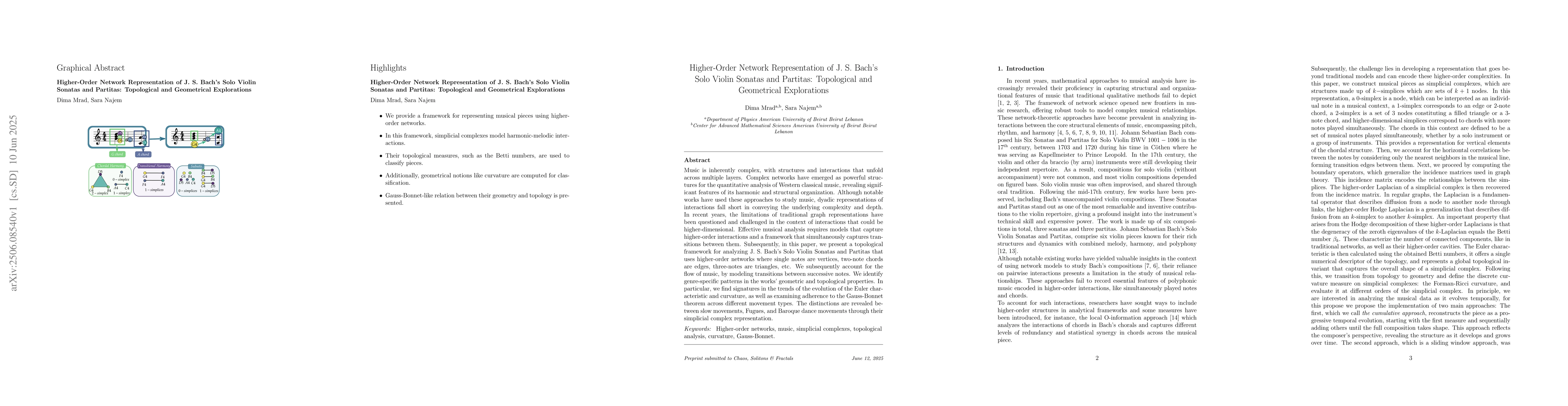 Thumbnail for Higher-Order Network Representation of J. S. Bach's Solo Violin Sonatas
  and Partitas: Topological and Geometrical Explorations
