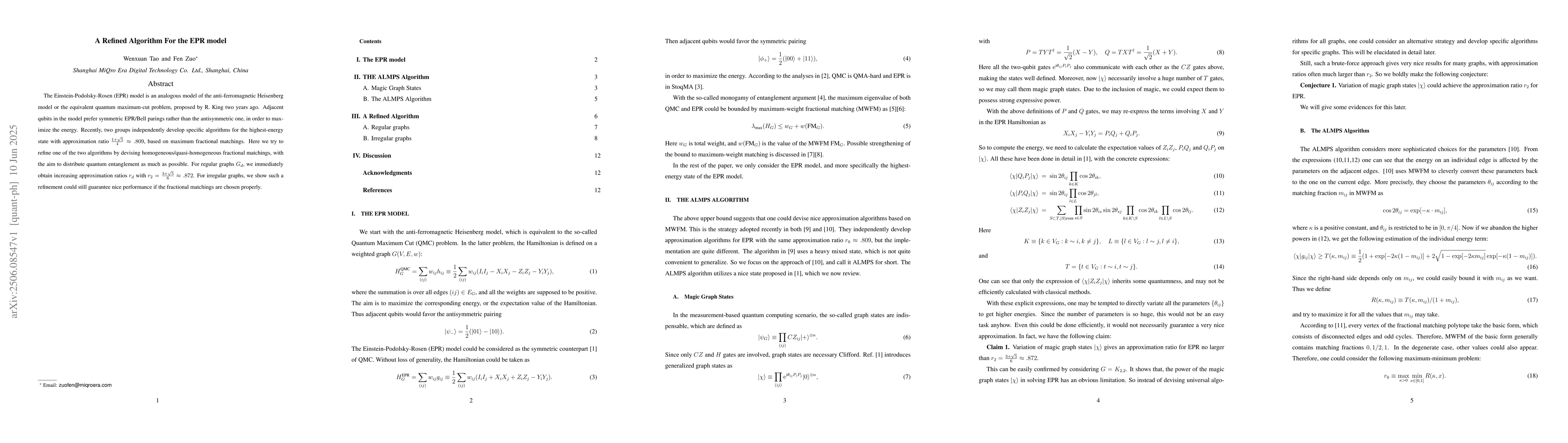 Thumbnail for A Refined Algorithm For the EPR model