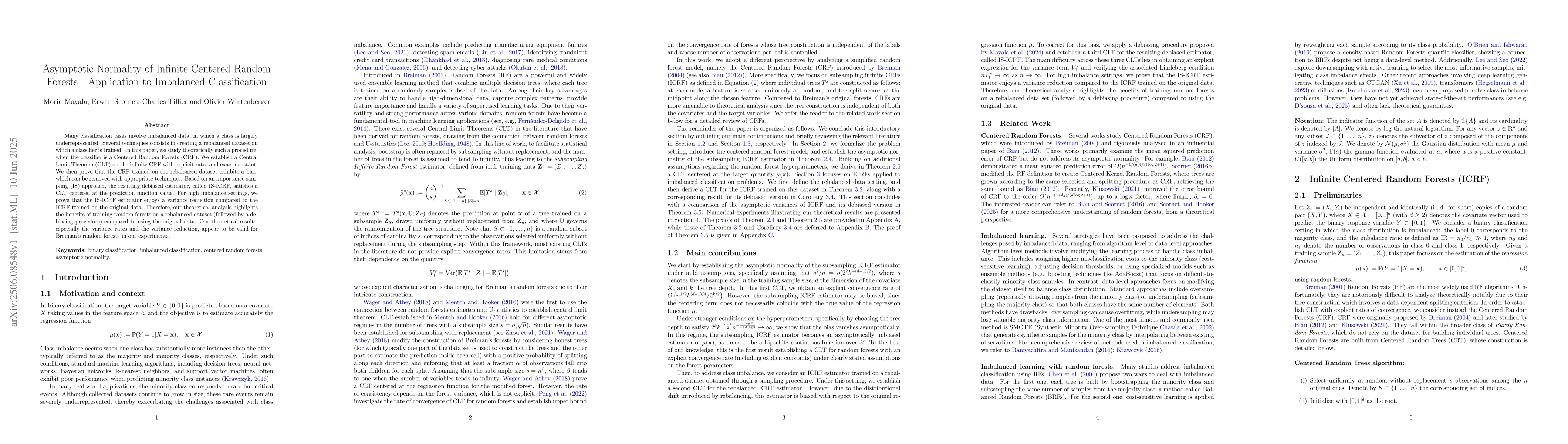 Thumbnail for Asymptotic Normality of Infinite Centered Random Forests -Application to
  Imbalanced Classification