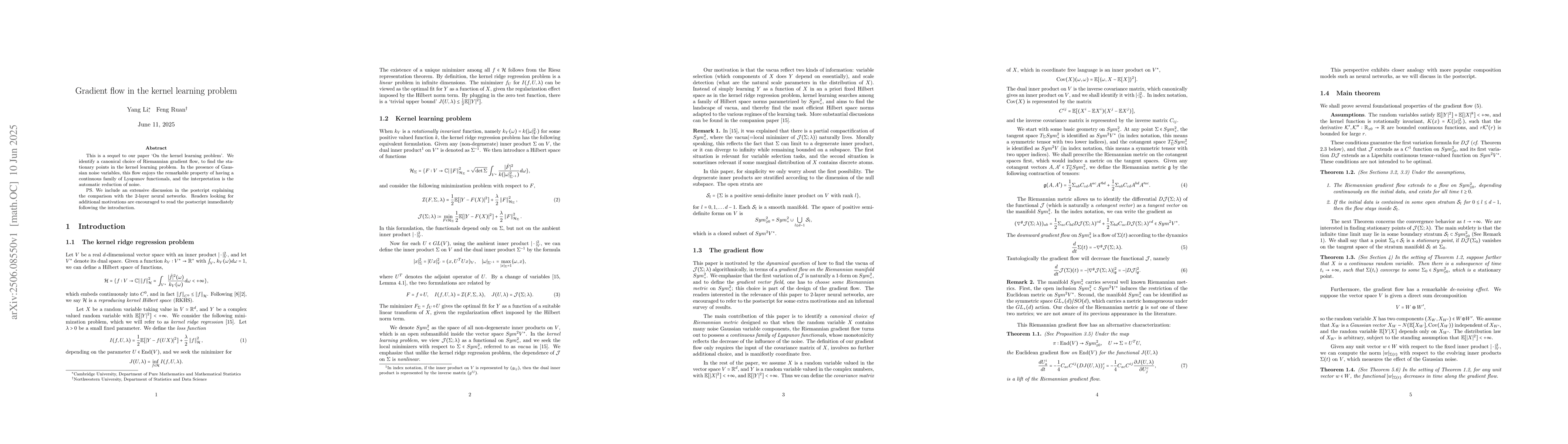 Thumbnail for Gradient flow in the kernel learning problem