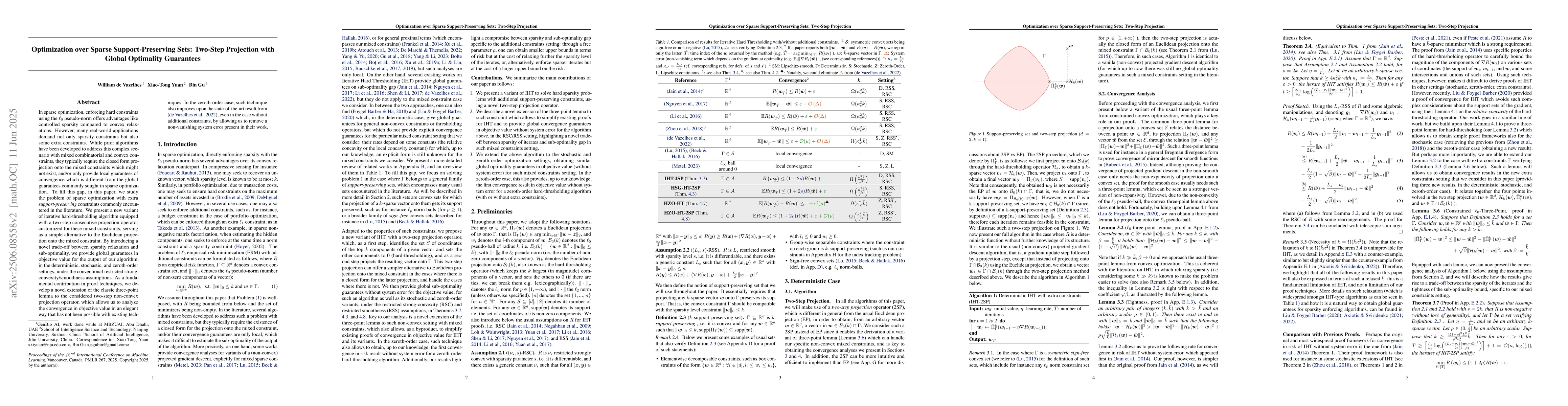 Thumbnail for Optimization over Sparse Support-Preserving Sets: Two-Step Projection
  with Global Optimality Guarantees