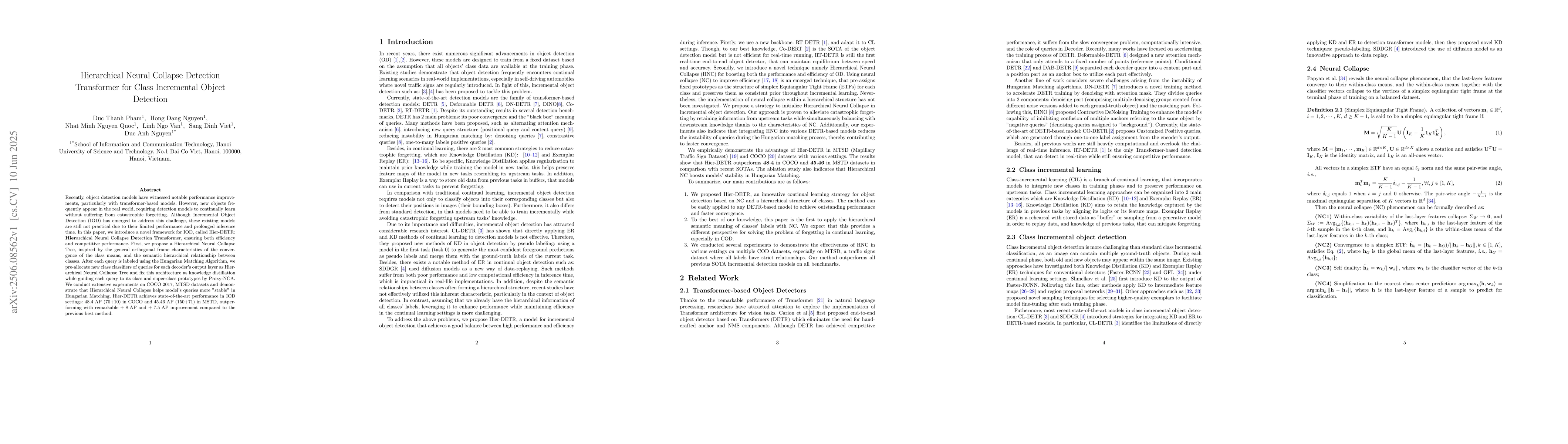 Thumbnail for Hierarchical Neural Collapse Detection Transformer for Class Incremental
  Object Detection