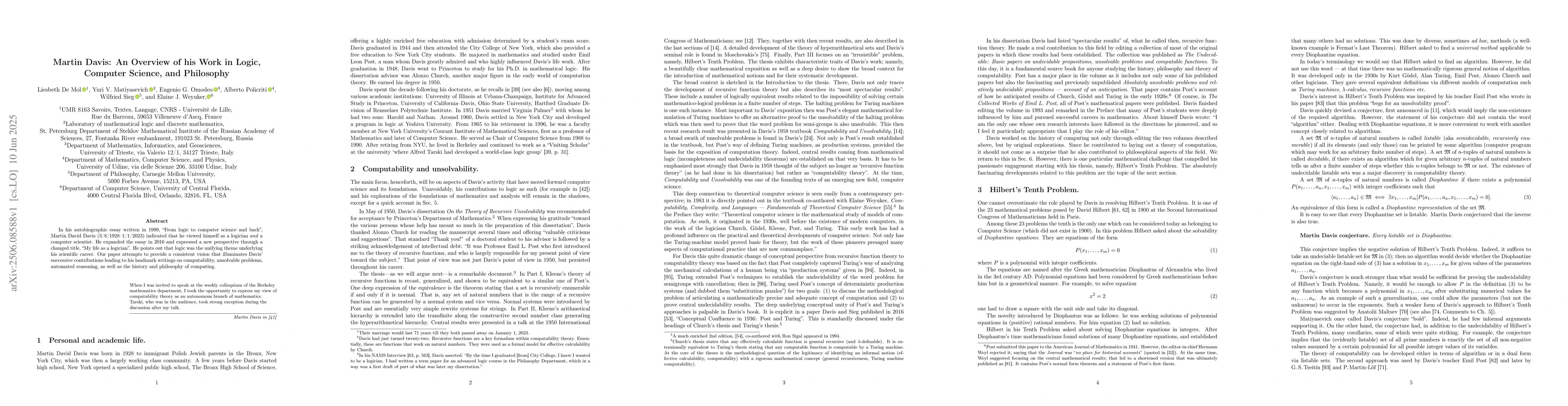 Thumbnail for Martin Davis: An Overview of his Work in Logic, Computer Science, and
  Philosophy