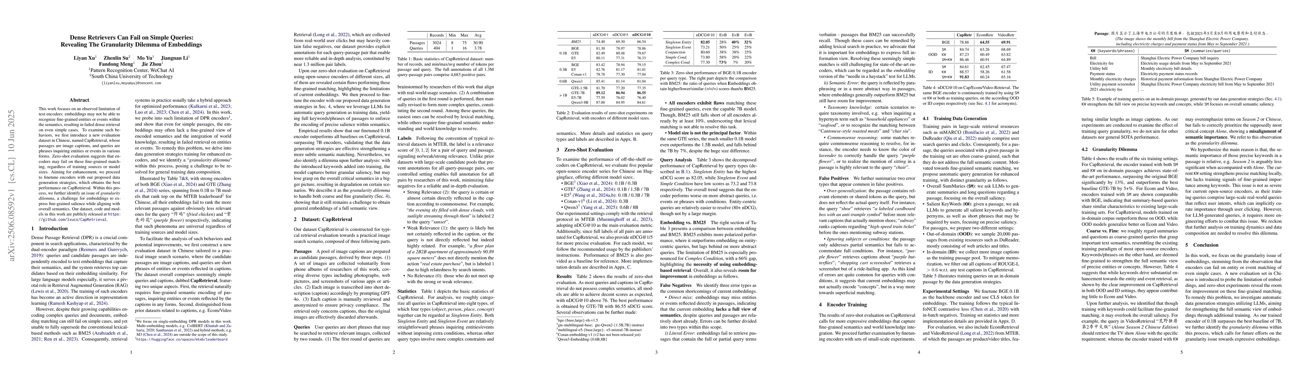 Thumbnail for Dense Retrievers Can Fail on Simple Queries: Revealing The Granularity
  Dilemma of Embeddings