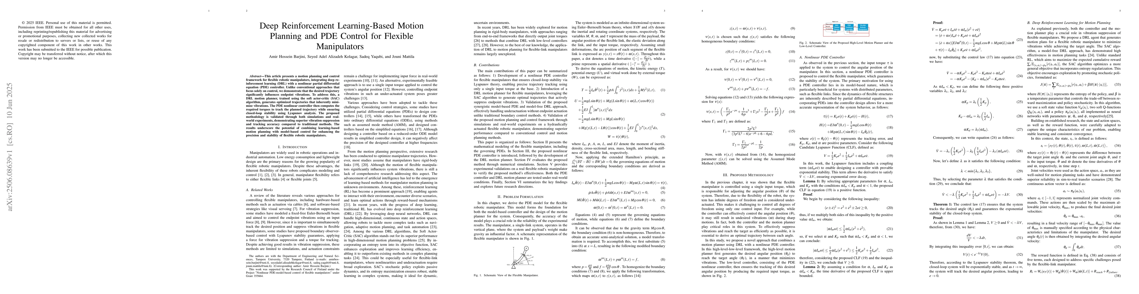 Thumbnail for Deep Reinforcement Learning-Based Motion Planning and PDE Control for
  Flexible Manipulators