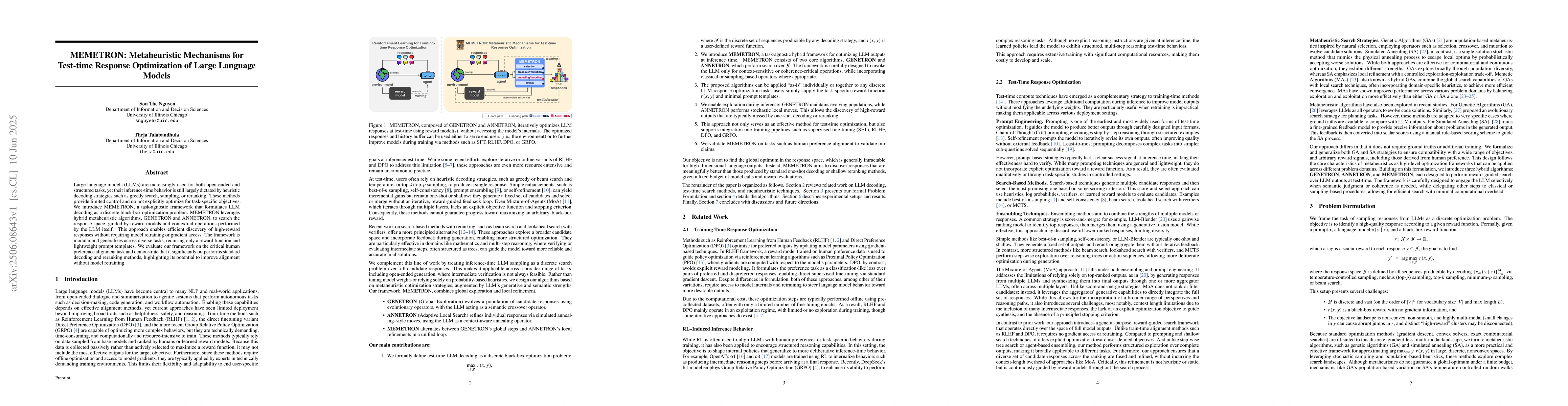 Thumbnail for MEMETRON: Metaheuristic Mechanisms for Test-time Response Optimization
  of Large Language Models