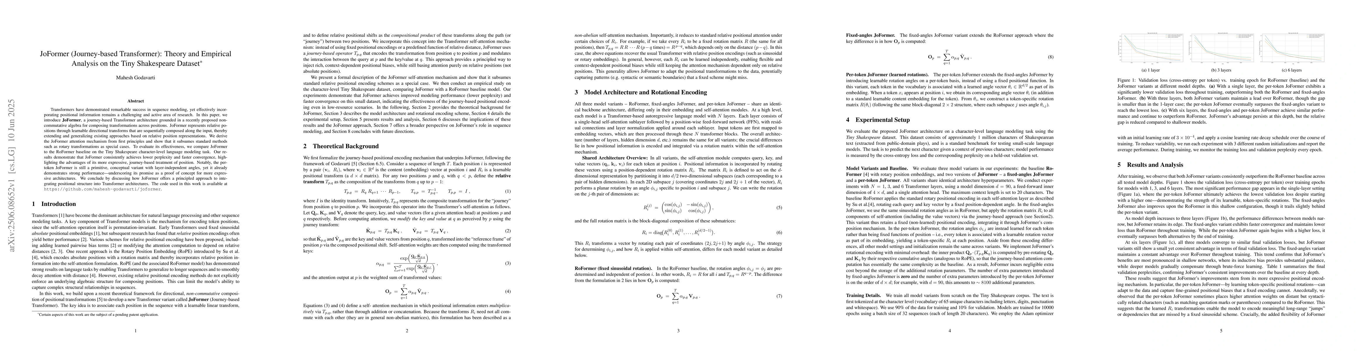 Thumbnail for JoFormer (Journey-based Transformer): Theory and Empirical Analysis on
  the Tiny Shakespeare Dataset