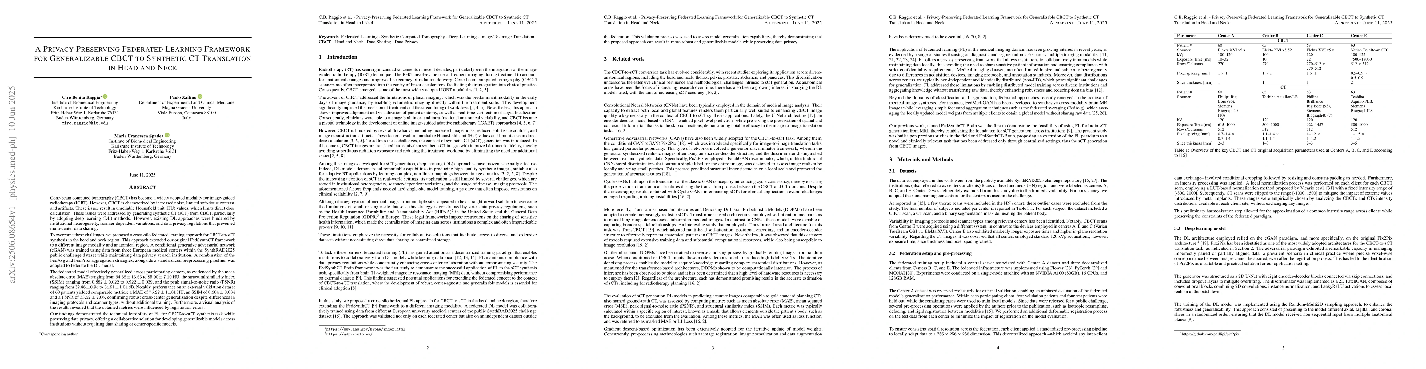Thumbnail for A Privacy-Preserving Federated Learning Framework for Generalizable CBCT
  to Synthetic CT Translation in Head and Neck