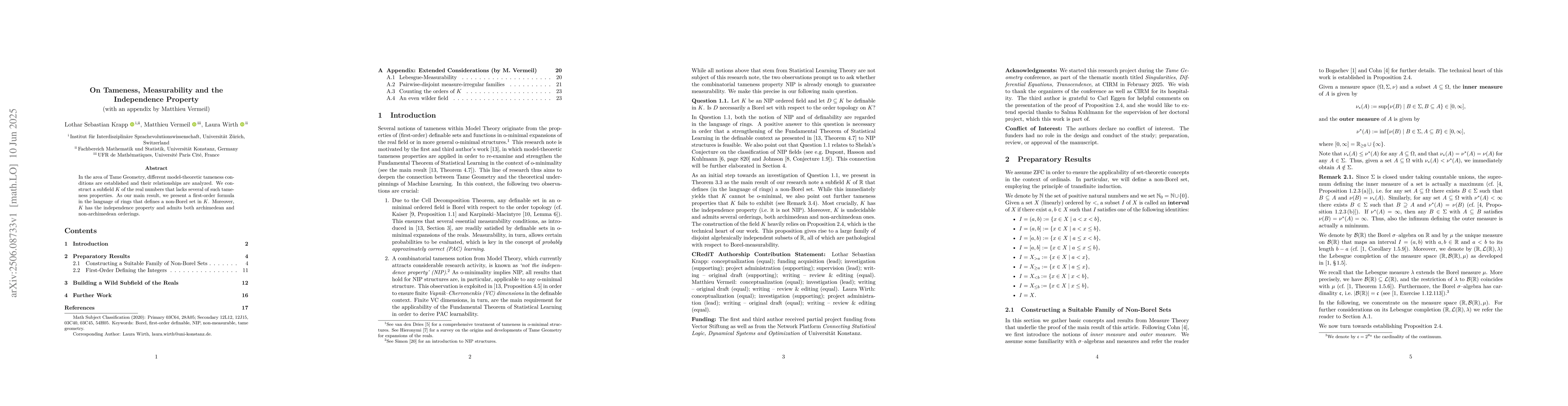 Thumbnail for On Tameness, Measurability and the Independence Property