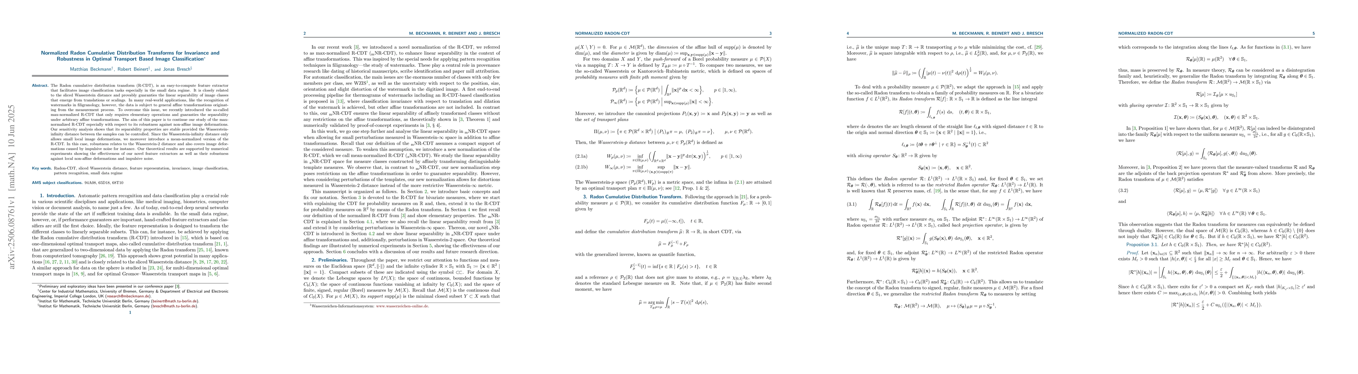 Thumbnail for Normalized Radon Cumulative Distribution Transforms for Invariance and
  Robustness in Optimal Transport Based Image Classification
